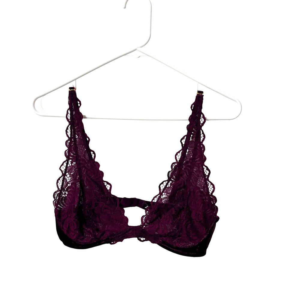 Sam Edelman Purple Lace and Velvet Bralette Floral Scalloped Plunge Lingerie L